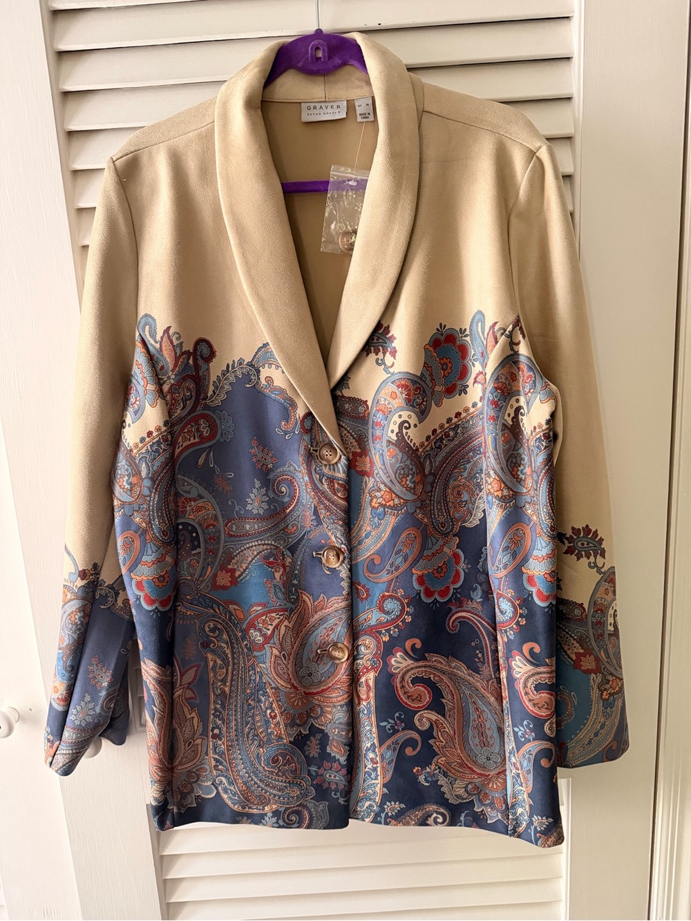 Susan Graver Beige and Blue Paisley Shawl Collar Jacket
